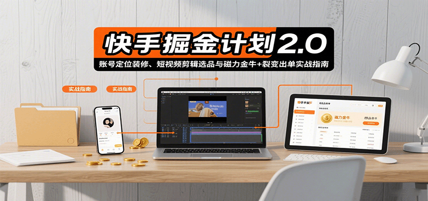 快手掘金计划2.0，账号定位装修、短视频剪辑选品与磁力金牛+裂变出单实战指南-juejinmima