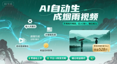不用拍不用剪！AI自动生成烟雨视频，日入5张+，睡后收入-juejinmima