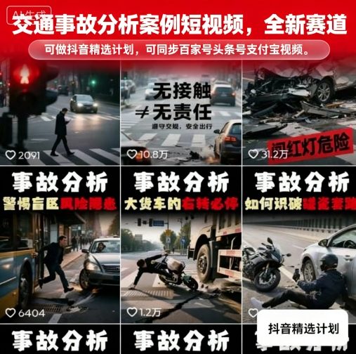 交通事故分析案例短视频，全新赛道，可做抖音精选计划，可同步百家号头条号支付宝视频号平台-juejinmima