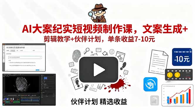 AI大案纪实短视频制作课，文案生成+剪辑教学+伙伴计划，单条收益7-10元-juejinmima