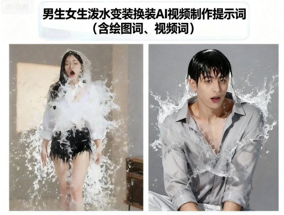 男生女生泼水变装换装AI视频制作提示词(含绘图词、视频词)-juejinmima