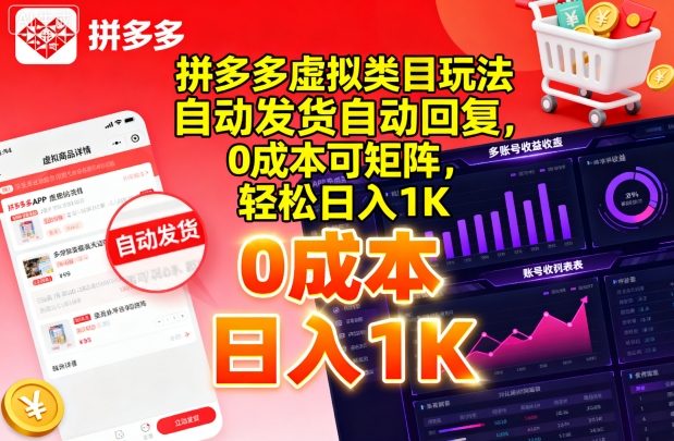 拼多多虚拟类目玩法，自动发货自动回复，0成本可矩阵，轻松日入1K【揭秘】-juejinmima