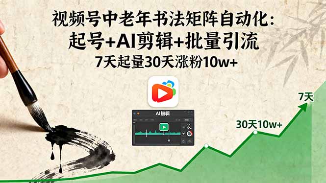 视频号中老年书法矩阵自动化：起号+AI剪辑+批量引流 7天起量30天涨粉10w+-juejinmima