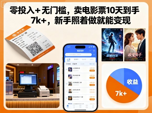 零投入+无门槛，卖电影票10天到手7k+，新手照着做就能变现【揭秘】-juejinmima