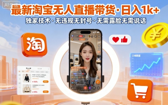 最新淘宝无人直播带货，日入1k+，独家技术，无违规无封号，无需露脸无需说话【揭秘】-juejinmima