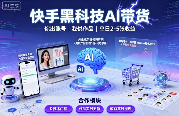 快手黑科技AI带货，你提供账号，我提供作品并发布，单日2-5张【揭秘】-juejinmima